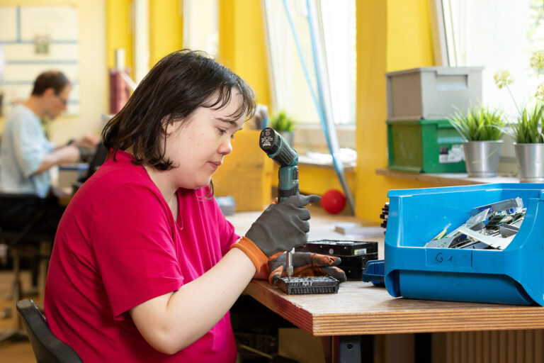 Eine Werkstattmitarbeiterin arbeitet konzentriert mit einem speziellen Schraubendreher an einem elektrischen Teil.