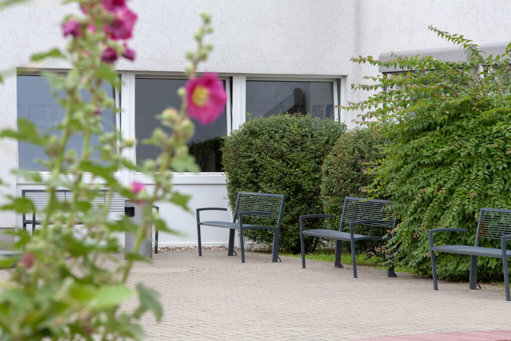 Zu sehen sind blühende Stockrosen sowie mehrere Bänke, die im großzügigien Außenbereich der GSE-Werkstatt Nord 1 stehen.